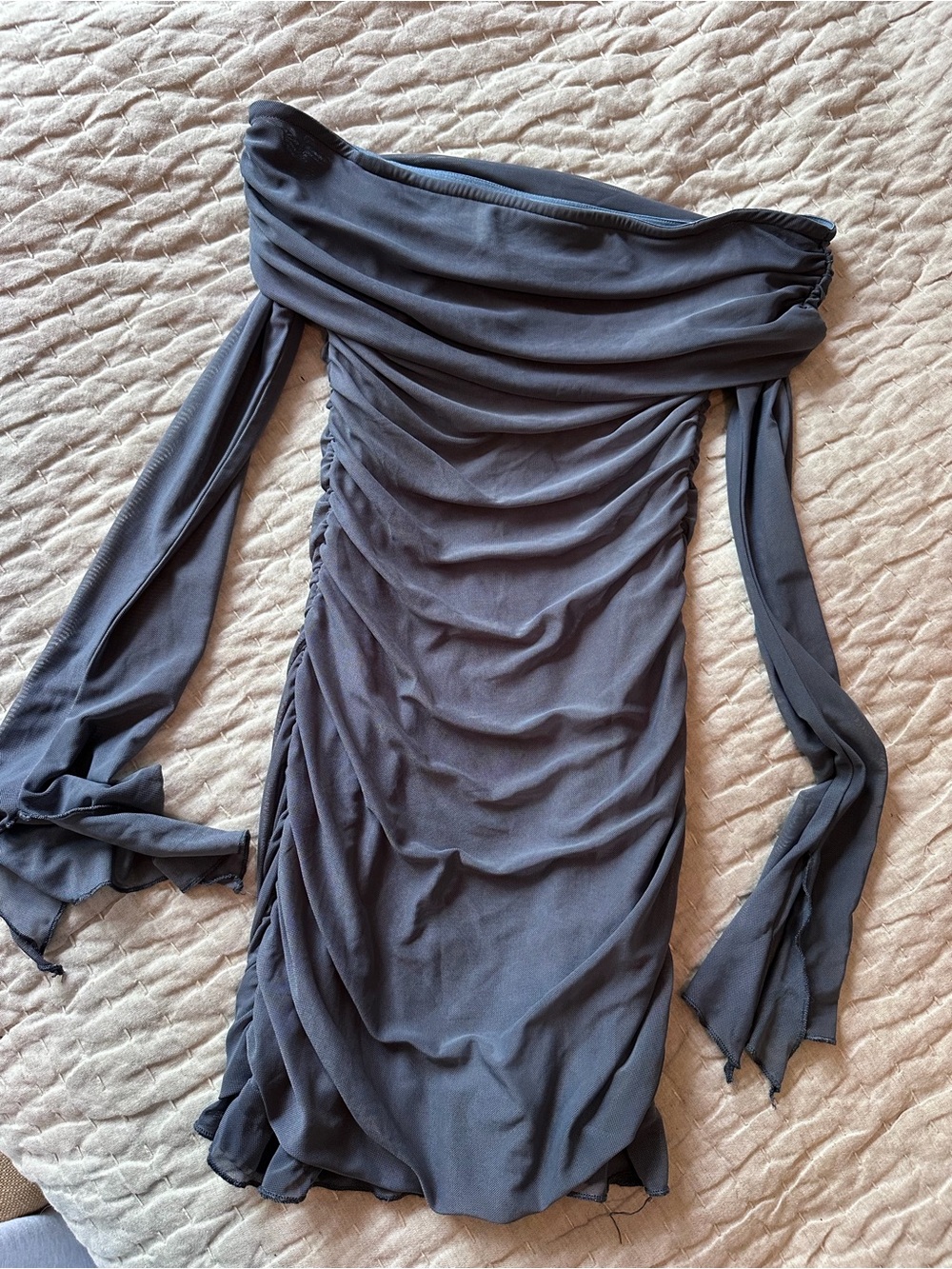 Off-Shoulder Ruched blue grey ish Dress